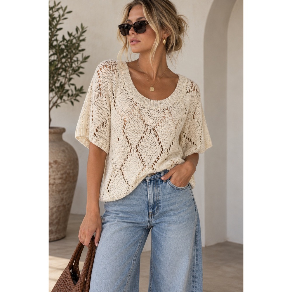 Cream Open Knit Sweater Top Small Boho Crochet Pointelle Short Sleeve TOBI